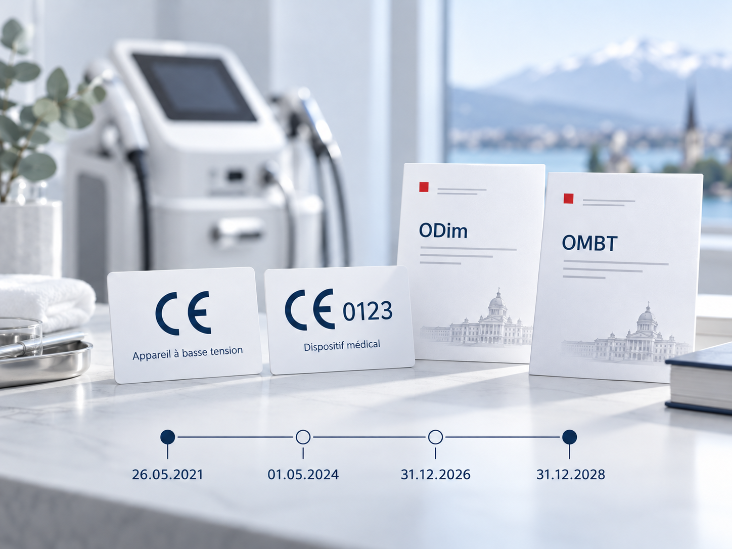 Illustration du calendrier de conformité des appareils esthétiques en Suisse selon l’ODim et l’OMBT