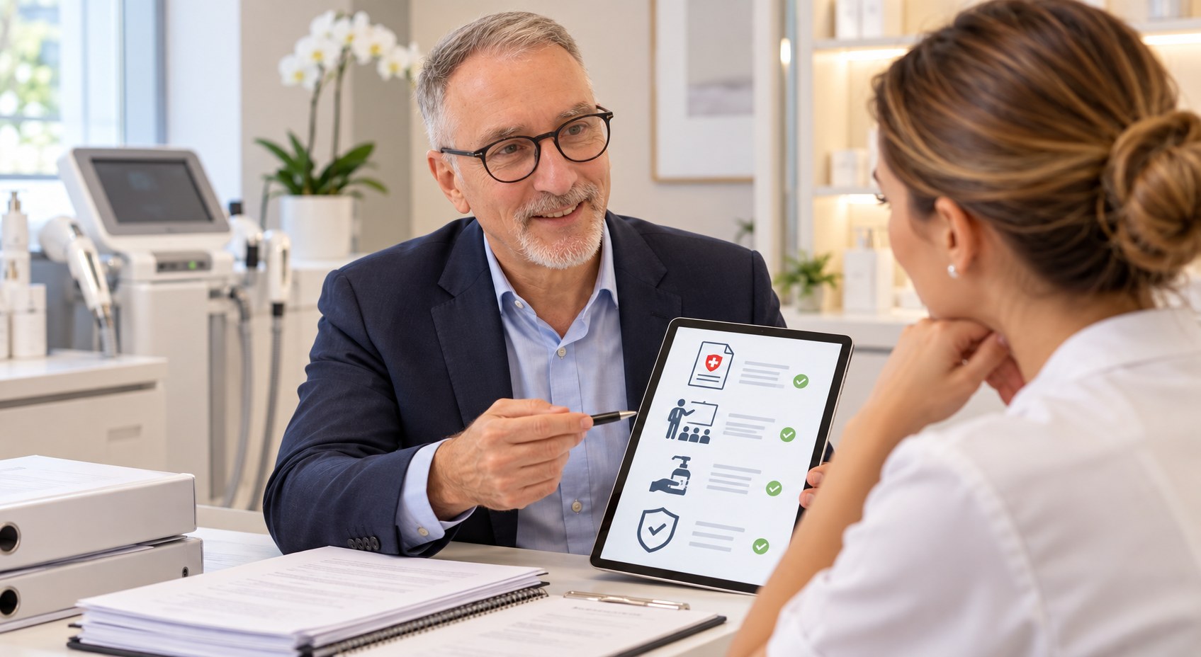Swiss Clinitech explique la réglementation suisse applicable aux technologies esthétiques à une professionnelle.