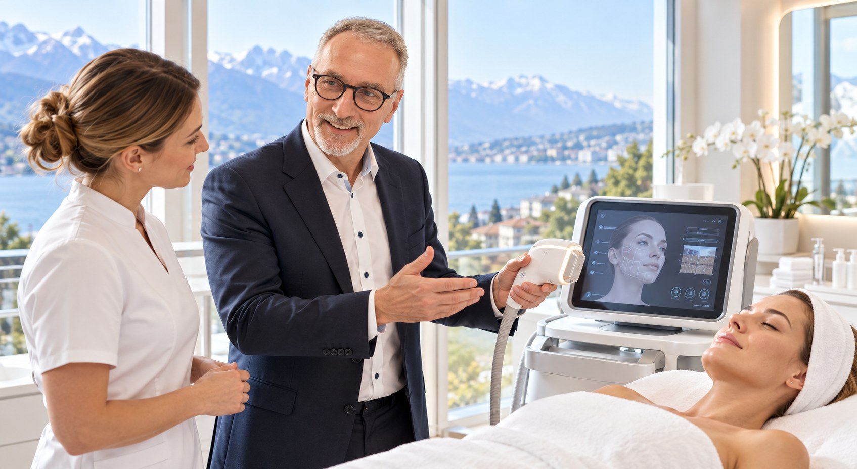 Swiss Clinitech explique le fonctionnement d’une technologie esthétique professionnelle à une esthéticienne.