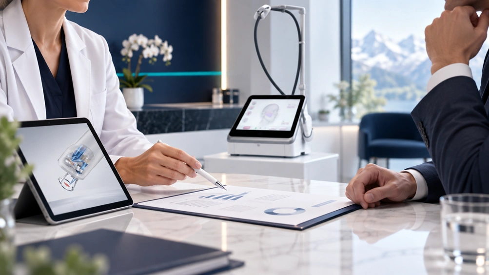 Une professionnelle présente des documents financiers à un client pour étudier le financement d’un appareil esthétique professionnel.